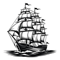 Detailed Black and White Illustration of a Classic Sailing Ship on the Water