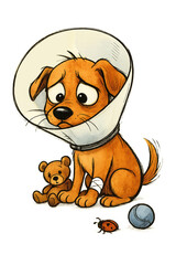 Fototapeta premium Sad Cartoon Puppy in Cone Cute Dog After Vet Visit with Teddy Bear
