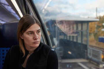 Woman on a train staring out he window