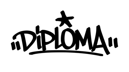 Graffiti tag “Diploma” in bold black letters on transparent background. Urban street art style celebrating academic achievement, perfect for graduation and success-themed graphic projects.
