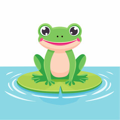 Adorable cartoon frog sitting on a lily pad in a pond with water ripples around it