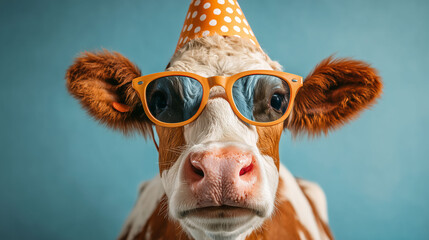 cow wearing a birthday hat and sunglasses on an isolated background, front view, studio lighting