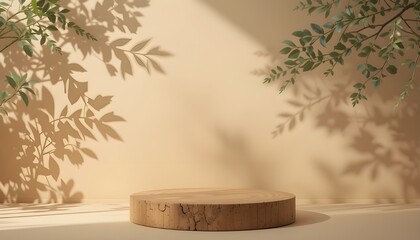 Wooden Podium Top View with Leaves Shadows on Beige Background Product Presentation Showcase Flat Lay Banner