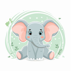 Fototapeta premium Cute cartoon illustration of a baby elephant sitting with big ears and cute eyes.