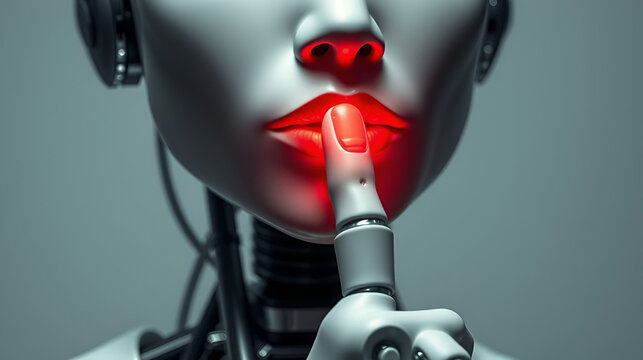 Artificial intelligence ai robot finger lips keep silence secret shut up hush