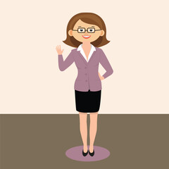 Smiling businesswoman character in formal attire waving hand, wearing glasses, blazer, and skirt on clean background.