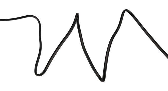 Black electric wire cable isolated on a transparent background. Completely in focus. Full depth of field. PNG.