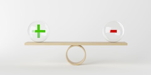 Wooden seesaw balanced with glass balls with plus and minus symbols over white background, business balance or decision concept