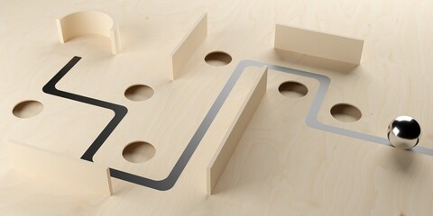 Wooden labyrinth or maze with chrome ball, problem solution or direction finding business concept background
