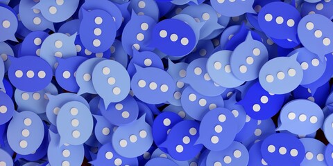 Heap of blue speech bubbles with white dots, social media chat, message or chatbot concept background