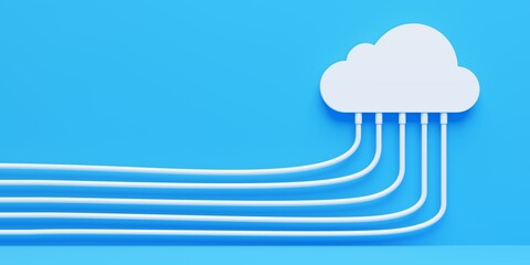White cloud symbol with white cables connecting to it on blue wall and floor background, cloud storage, connection or internet concept