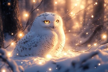 Snowy owl in winter forest lit by warm lights