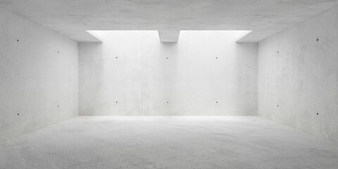 Abstract empty, modern concrete room with two symmetrical square openings and rough floor - industrial interior background template