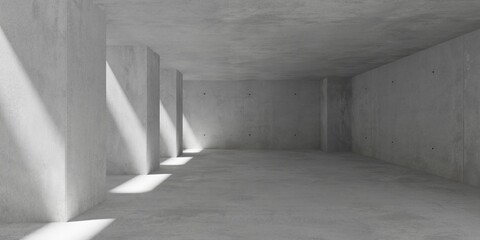 Abstract empty, modern concrete room with series of pillars, small windows with sunlight and rough floor - industrial interior background template