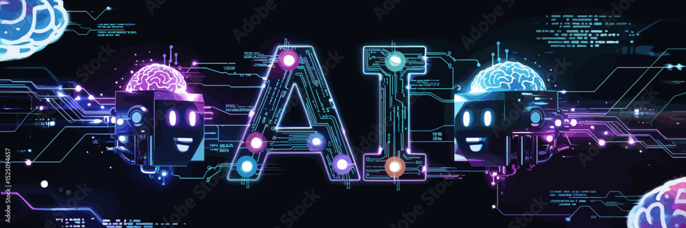 Poster futuristic digital art poster of ai text integrated with circuit patterns and holographic projection