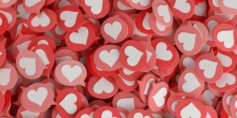 Heap of red speech bubbles with white hearts, social media icon love, like or valentine concept background