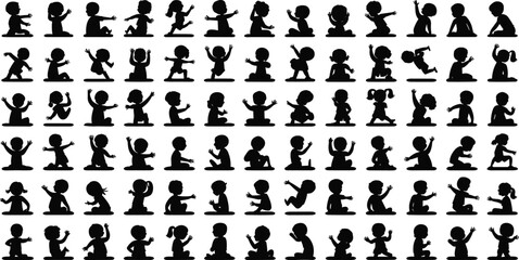 Vector illustration of kids in sitting and playful poses, child silhouette collection, black children activities, fun and expressive cartoon character design
