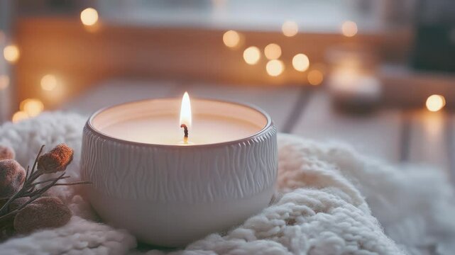 A glowing lit candle in a rustic, textured glass vase. Serene and cozy ambiance.