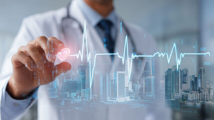 cityscape background Cardiologist reviewing heart monitor data, focus on cardiology diagnostics, close up, health theme, vibrant, Silhouette, cardiovascular ward