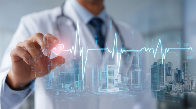 cityscape background Cardiologist reviewing heart monitor data, focus on cardiology diagnostics, close up, health theme, vibrant, Silhouette, cardiovascular ward