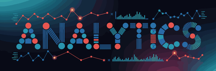 Obraz premium Analytics poster formed from pie charts and graphs with glowing data points – Perfect for data analysis, business intelligence, and technology themes