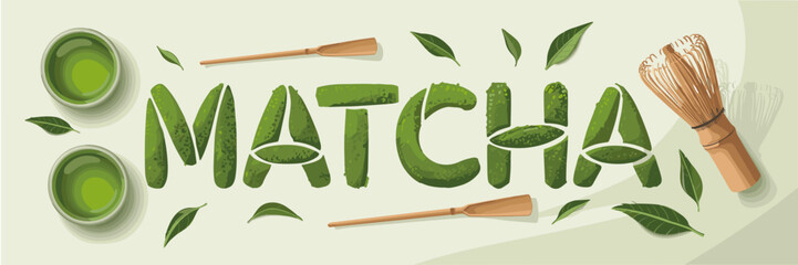 matcha text crafted from tea powder with bamboo elements – great for Japanese culture, natural wellness, or beverage marketing