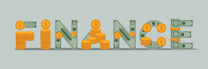 finance text made of coins bills and graphs on gray background – perfect for financial services, banking, and investment content