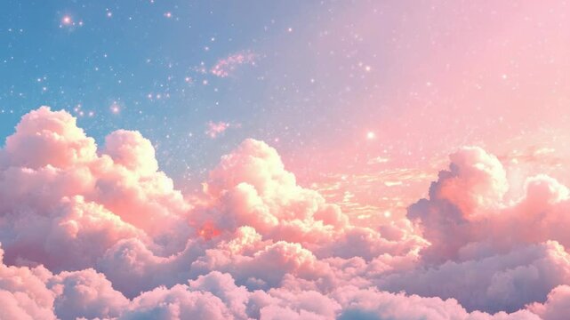 The sky is painted with hues of pink, blue, purple, and orange clouds against a starry backdrop