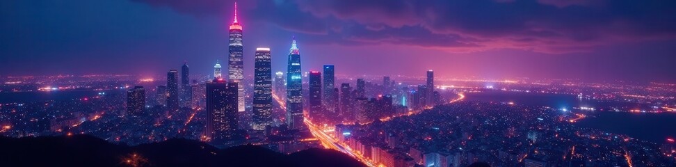 Obraz premium Gleaming skyscrapers pierce a vibrant night sky, city lights ablaze , structure, urban landscape