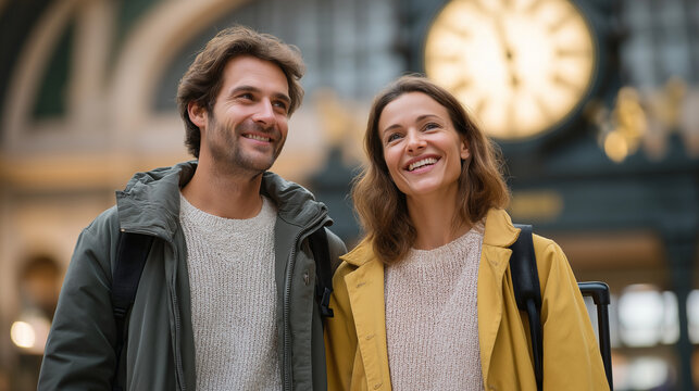 Couple Enjoys Travel Moments at a Busy Train Station in Madrid