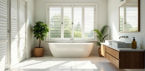Modern bathroom, white plantation shutters, abundant natural light,  light,  window