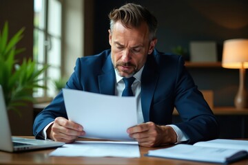 Obraz premium Serious businessman intensely reviewing legal contract, analysis, risk