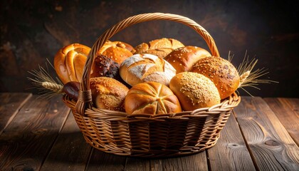 Assorted Breads In Wicker Basket On Wooden Table
