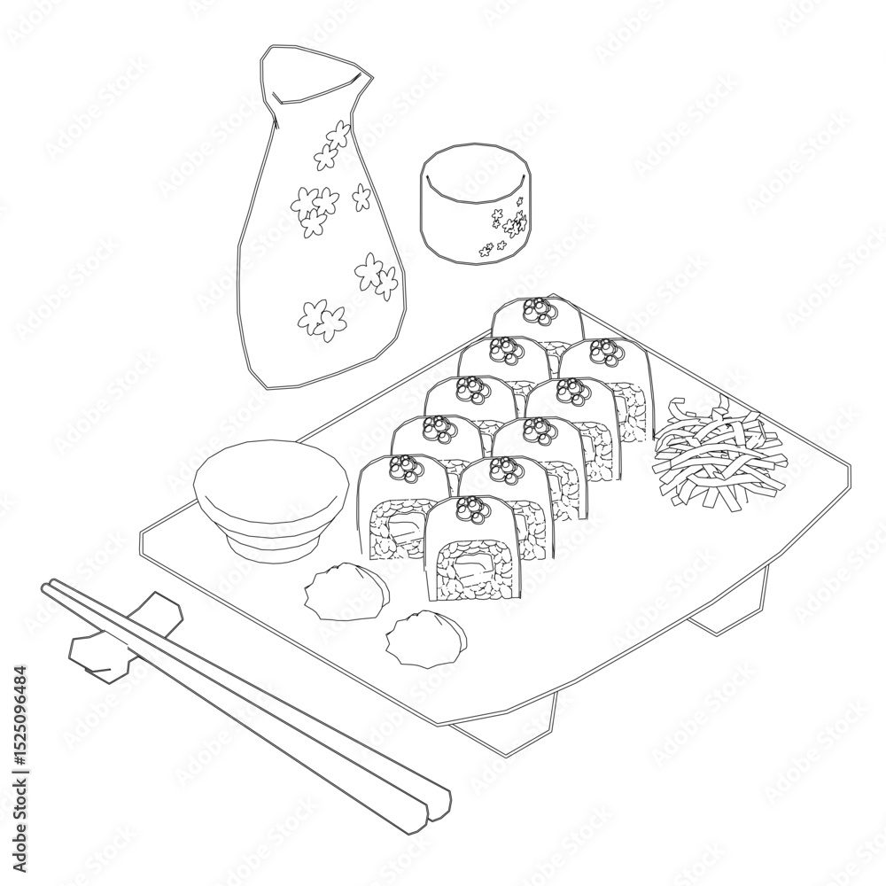 Poster a plate of sushi with chopsticks and a small bowl of sauce. the plate is on a table and the chopstic