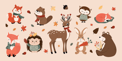 A collection of hand-drawn forest animals and autumn leaves. Modern, flat, vector design .