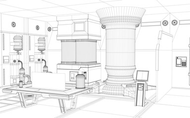 A detailed technical drawing of a complex industrial machine, featuring intricate mechanical components, control panels, and various functional modules. The design emphasizes precision engineering