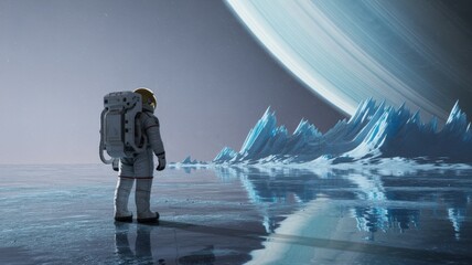 Astronaut on an alien planet. Space exploration, futuristic landscape.