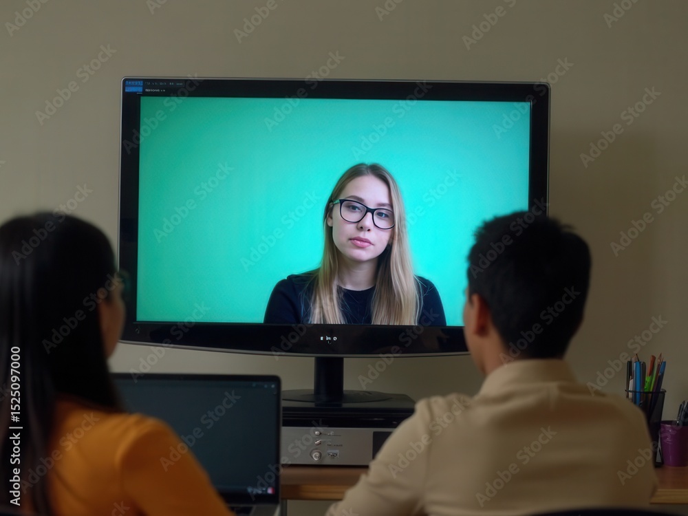 Poster person who attends online lessons on a digital screen.e-learning education, internet lessons and onl