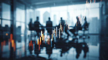 Background showing financial boardroom with blurry stock charts on screen, business professionals analyzing graphs