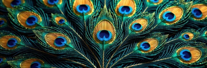 Elegant peacock feather motif; ornate gold leaf detail, bird, earrings, stylish