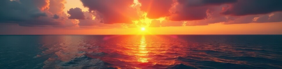 Fiery sunrise casts a warm golden glow on the tranquil sea's surface , oceanview, beach