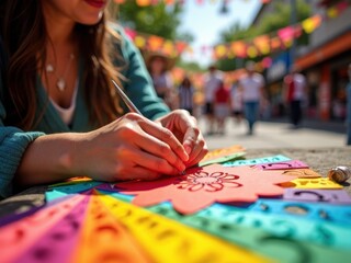 A woman hands focus on creating intricate papel picado while surrounded by bustling market life. Bright colors reflect the festive spirit of the moment.