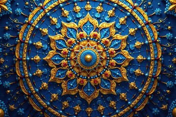 Fototapeta premium Intricate blue & gold mandala; sacred symbols, spiritual patterns, Indian festival , sacred, india, artwork