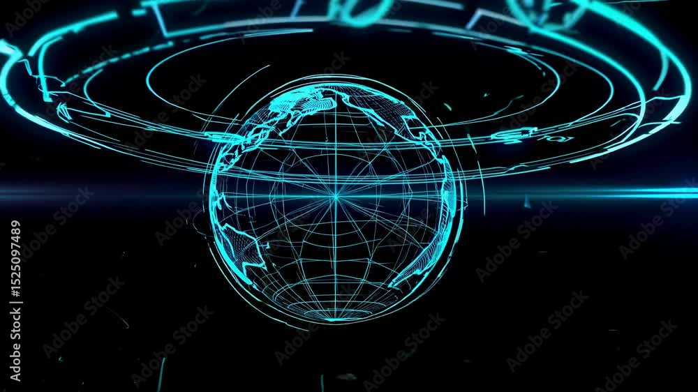 Poster Virtual globe visualization showcases detailed world map with glowing network lines and technology theme