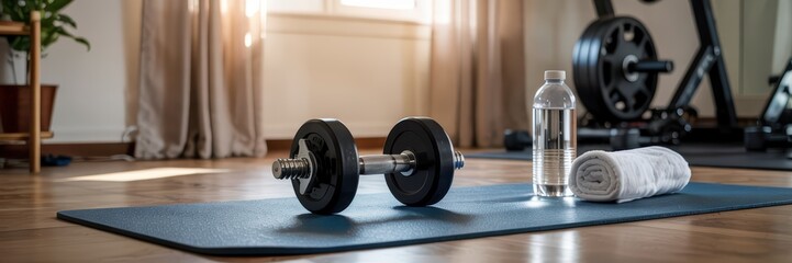 Naklejka premium Dumbbell, water bottle and towel on a yoga mat