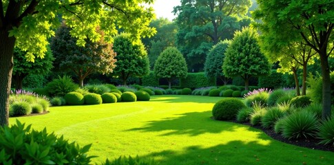 Lush green lawn with meticulously arranged garden features , fountain, rocks, landscaping
