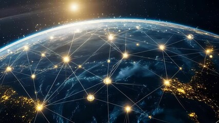 A detailed digital network overlay stretching across the illuminated Earth surface with glowing connection points and data lines symbolizing global communication - Powered by Adobe