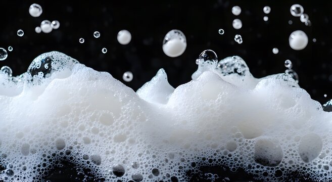 Dynamic close-up of bubbles in white foam background with dark contrast