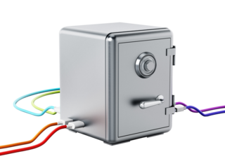 USB cables connected to steel safe on transparent background. 3D illustration