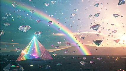 Diamond Pyramid with Rainbow Sky Backdrop: Shimmering Gemstones and Ethereal Landscape Art